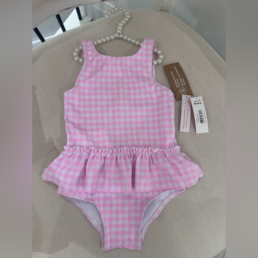 🎀 12~18 Mth Pink Gingham Ruffled Pink Baby Girl Swimsuit NWT